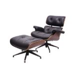 Eames-style leather upholstered easy chair of typical form,