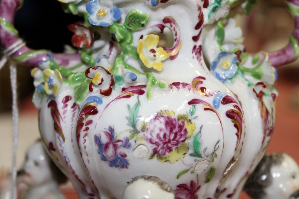 Scarce 18th century Bow polychrome porcelain vase with three musical putti mounts - the vase with - Image 4 of 11