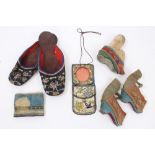 Pair late 19th century Chinese silk slippers, Chinese foot mould and single silk shoe,