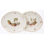 Pair 18th century Ludwigsburg oval dishes with polychrome painted Meissen-style figure in landscape