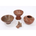 Three Ancient pre-Columbian pottery vessels with brown and black painted decoration and similar