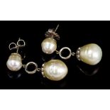 Pair cultured pearl and diamond pendant earrings, each with a 14mm to 15mm x 12.1mm to 12.