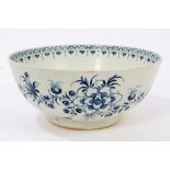 18th century Lowestoft blue and white porcelain punch bowl with floral and insect decoration -