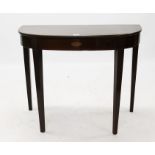 George III mahogany and dogtooth inlaid D-shaped side table with patera inlaid frieze on square