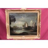 Manner of Sebastian Pether, oil on canvas - a moonlit scene with abbey ruins by a lake,