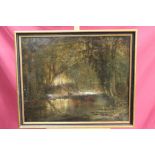19th century Barbizon School oil on canvas - wooded river landscape by moonlight with cattle
