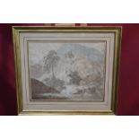 Pair of 18th century English School pencil and wash rocky river landscapes, in glazed gilt frames,
