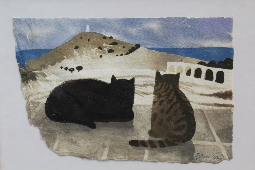 *Mary Fedden (1915 - 2012), watercolour - Cats in Gozo, signed and dated '02, label verso, - Image 2 of 3