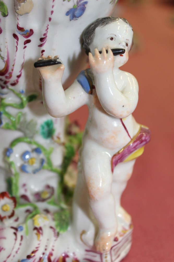 Scarce 18th century Bow polychrome porcelain vase with three musical putti mounts - the vase with - Image 6 of 11