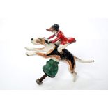 Louis Lejeune cold-painted car mascot in the form of a fox in hunting attire, riding a hound, L. L.