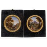 Fine pair of 19th century Continental reverse paintings on glass, each of circular form,