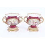 Pair early 19th century porcelain urn-shaped vases with twin scroll handles,