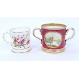 Victorian Coalport two-handled loving cup with presentation inscription and painted landscape