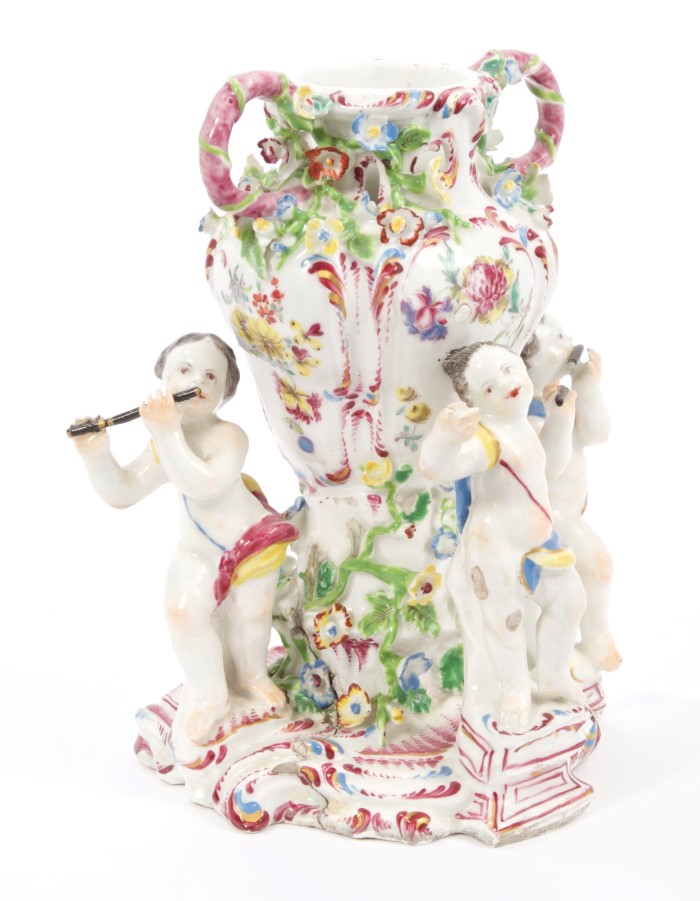 Scarce 18th century Bow polychrome porcelain vase with three musical putti mounts - the vase with - Image 2 of 11