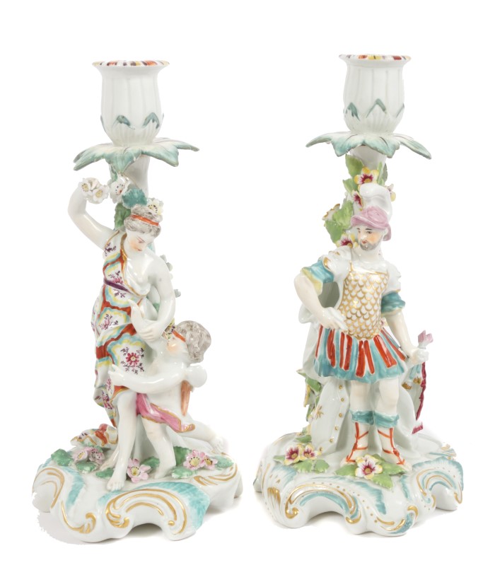 Pair 18th century Derby porcelain candlesticks decorated with Mars wearing armour and Venus with