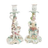 Pair 18th century Derby porcelain candlesticks decorated with Mars wearing armour and Venus with