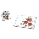 1950s ladies' silver and enamel cigarette case and matching lighter decorated with red roses on a