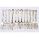 Collection of twelve Georgian and Victorian silver single struck Kings pattern table forks with