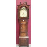 19th century eight day longcase clock with painted arched dial decorated with church and castle