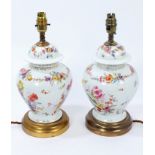 Pair early 20th century Dresden porcelain vases and covers converted to table lamps,