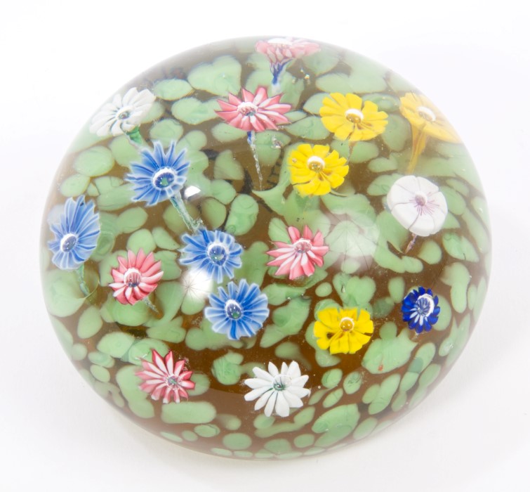 19th century glass paperweight with standing flowers on green leaf ground, 9.