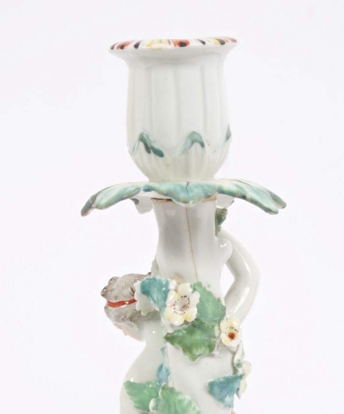 Pair 18th century Derby porcelain candlesticks decorated with Mars wearing armour and Venus with - Image 2 of 2