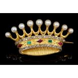 19th century French Countess' Coronet brooch with a row of nine graduated pearls and a band of