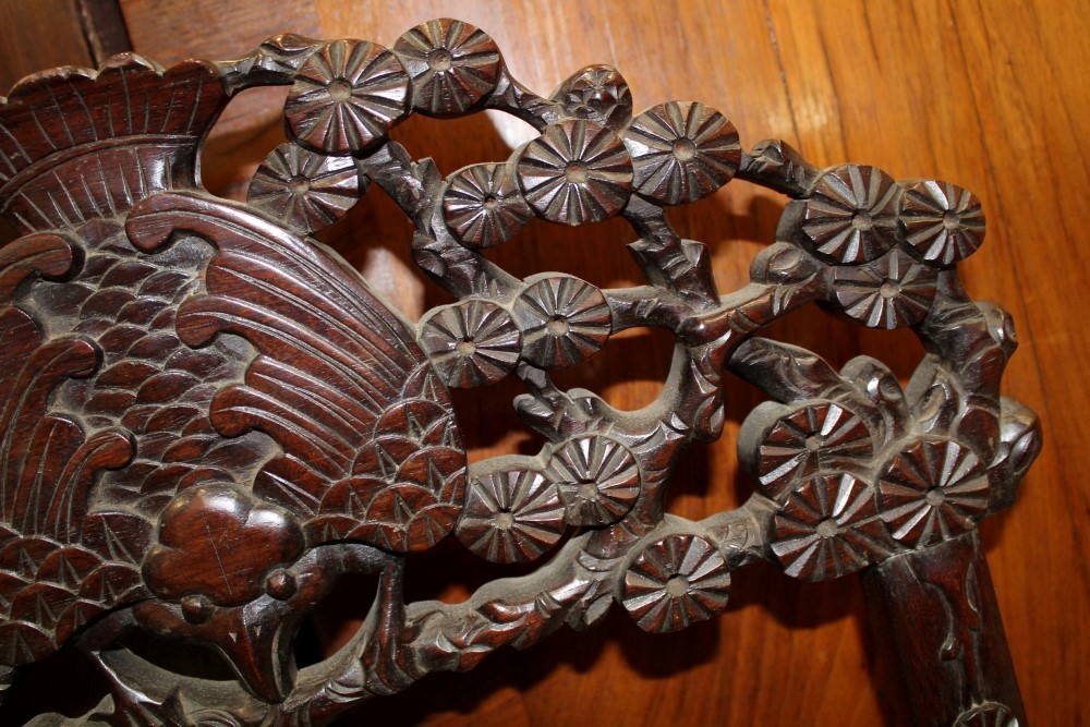 Late 19th / early 20th century Chinese carved hardwood gong stand with tooled metal gong and beater, - Image 5 of 12
