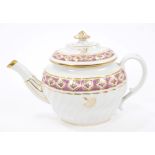 Early 19th century Coalport oval teapot and cover on stand with purple and gilt floral bands,