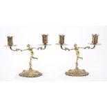 Pair antique Carolean-style silvered and gilded bronze candelabra,