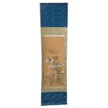 19th century Chinese Qing period scroll - finely painted with birds in flowering tree, signed,