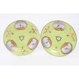 Pair early 19th century Coalport green ground dishes painted with birds in the micro-mosaic style,