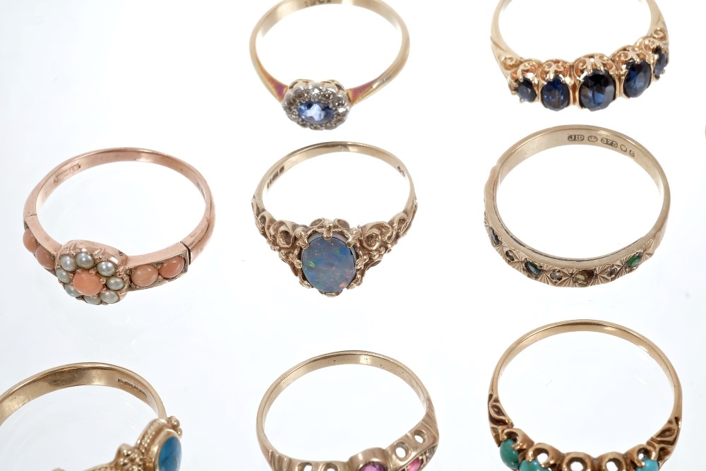 Group of ten gold and gem set dress rings - various, to include rose gold coral and seed pearl ring, - Image 5 of 11