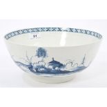 18th century Worcester blue and white punch bowl painted with the Precipice pattern,