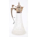 Contemporary silver mounted hobnail cut glass claret jug of tapering form,