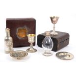 George V silver three piece communion set with chalice,