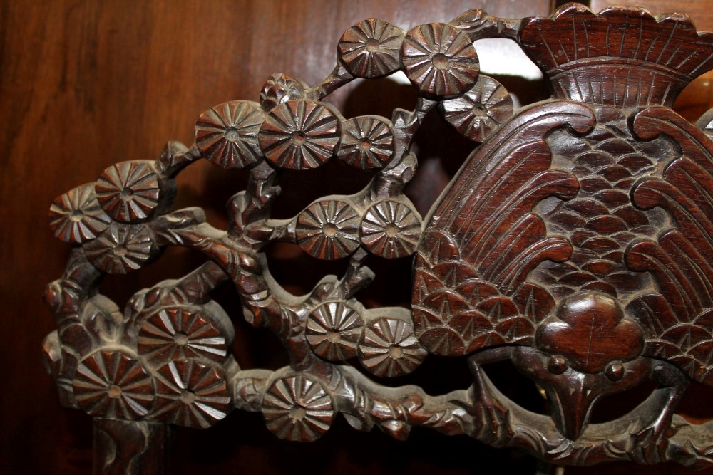 Late 19th / early 20th century Chinese carved hardwood gong stand with tooled metal gong and beater, - Image 4 of 12