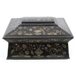 Unusual early Victorian ebony and mother of pearl inlaid sewing box of sarcophagus form,