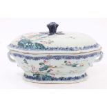18th century Chinese export octagonal tureen and cover with painted famille rose Chinese landscape