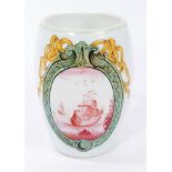 18th century German milk glass baluster-shaped mug with polychrome painted cartouche painted with
