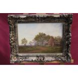 Jack Pulfer, oil on canvas - Norfolk landscape with a figure by a farmhouse, signed, in gilt frame,
