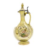 Mid-19th century Bohemian green glass claret jug with hinged cover,