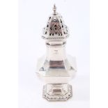 1920s silver sugar caster of octagonal baluster form,