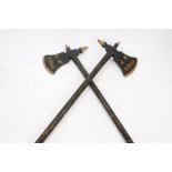 Pair Victorian Ancient Order of Foresters ceremonial painted wooden axes with most original black