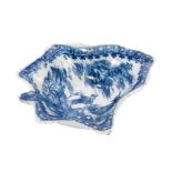 18th century Caughley blue and white leaf-shaped pickle dish with printed Fisherman pattern and