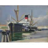*Terence Cuneo (1907 - 1996), oil on canvas - Ship in Harbour, inscribed and signed verso,