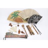 Late 19th century Japanese fan with Shibyana insect-inlaid ivory stays and painted bird and figure