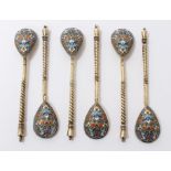 Set of six late 19th / early 20th century Russian silver gilt spoons with cloisonné enamel