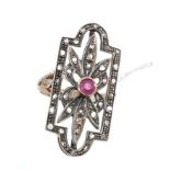 Art Deco-style ruby and diamond cocktail ring with an openwork plaque centred with a ruby and set