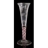 18th century glass ale flute with trumpet bowl, engraved with Jacobite-type rose,